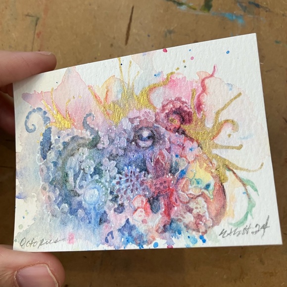 Hand Crafted Other - Octopus art original painting collectible artwork atc ooak by Artettina USA
